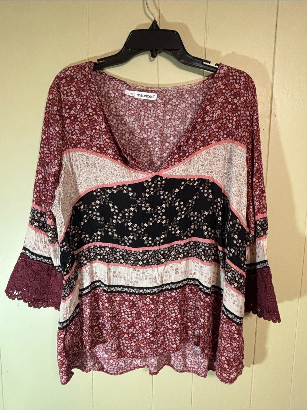 Maurices Burgundy and Pink Floral Patchwork V-Neck Blouse